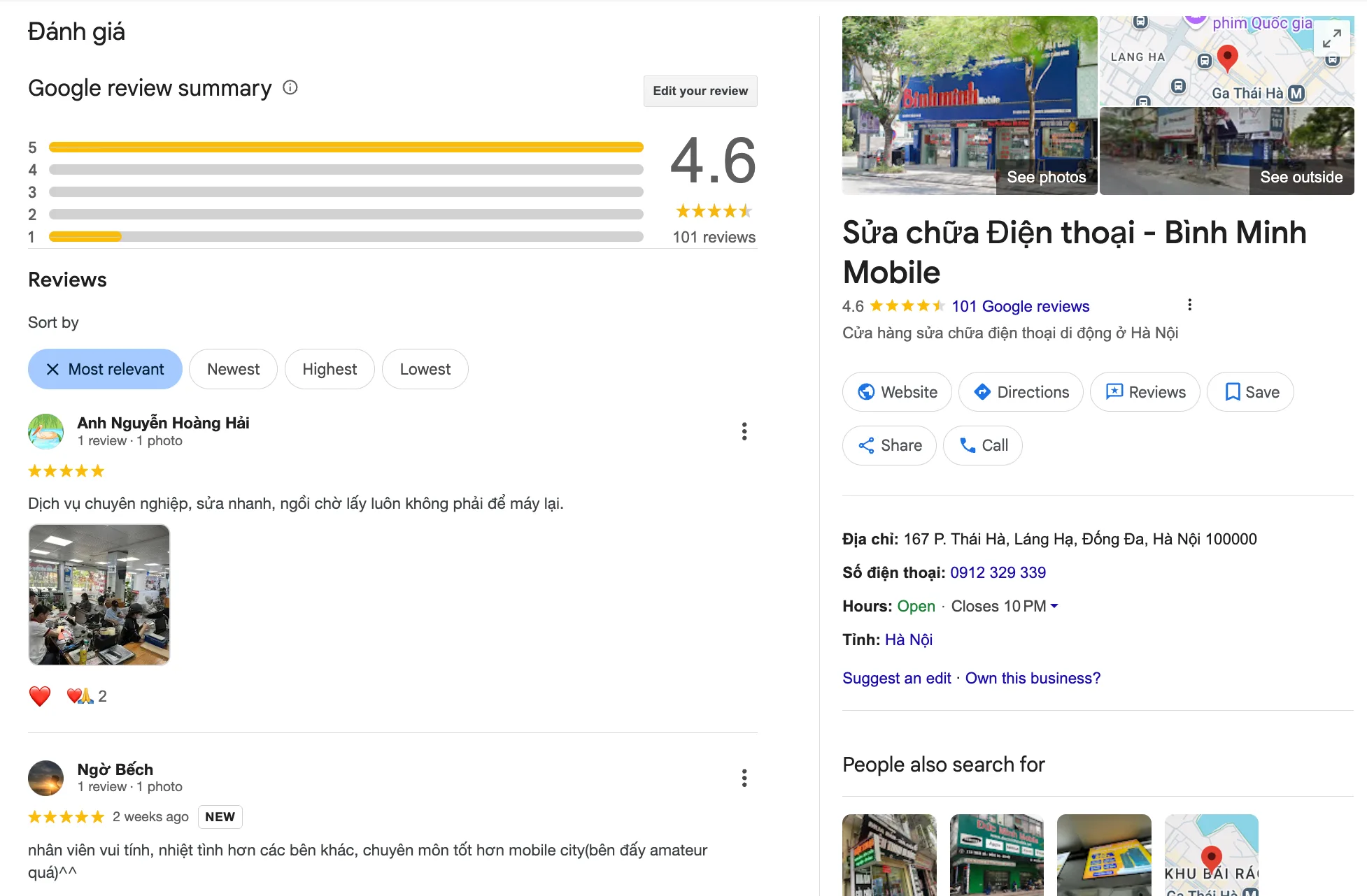 đánh giá google map Bình Minh Mobile